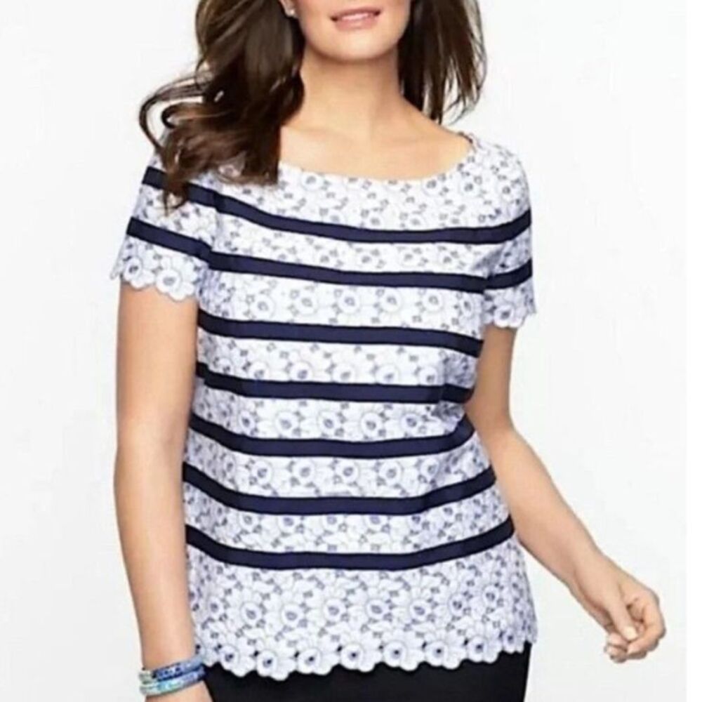 Talbots Blue White Floral Embroidered Eyelet Lace Navy Ribbon Trim SS Top Sz 12P